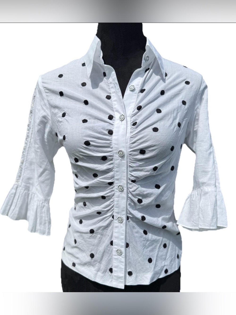 Ruched Black White Polka Dot Blouse Lace Beaded 3/4 Sleeve Coquette Fairycore S